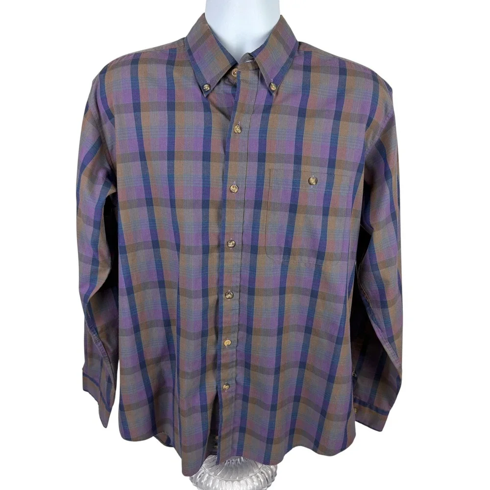 Cambridge Classics Men's Large Purple Brown Plaid Long Sleeve Button Down Shirt